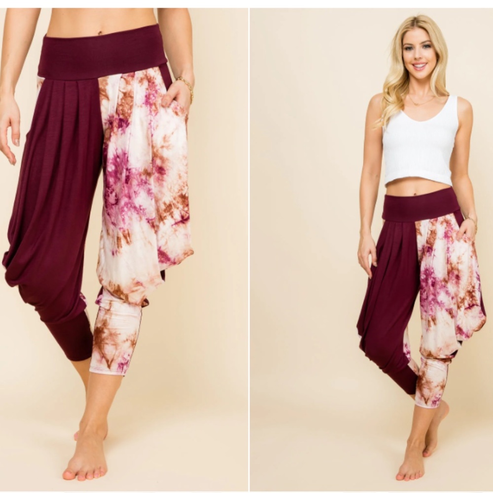 Kooniez Harem Pants - Burgundy Tie-Dye Patchwork